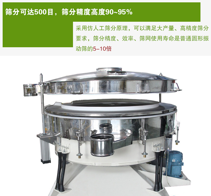 搖擺篩分機(jī)采用仿人工篩分原理，可以滿足大產(chǎn)量、高精度篩分 要求，篩分精度、效率、篩網(wǎng)使用壽命是普通圓形振 動篩的5-10倍
